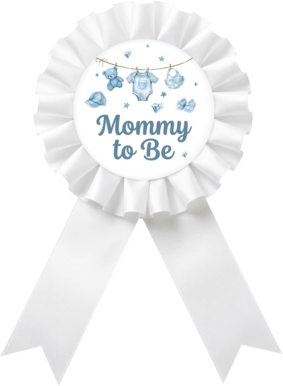 Blue Jean Mom to Be Tinplate Badge Pin - Blue Jean Baby Mom to Be Brooch Pin, White Rosette Denim New Parents Award Ribbon Button, Clothesline Themed Baby Shower/Gender Reveal Party Decoration