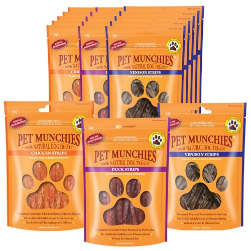 Pet Munchies Meaty Strips Bundle for Dogs, Multipack with Chicken, Venison, Duck Flavour, Natural Real Meat Dog Chew Treats, 18 Variety Bags, 255g