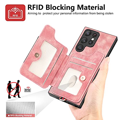 Funda con soporte de anillo para Samsung S20 Plus anticaídas con tarjetero de cuero rosa 2