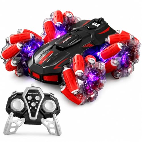 Image of MiniExplorer 4WD Double Sided RC Smoke Stunt Drift Car | 360 Rotating Remote Control Toy with Spray Mist, LED Lights & Rechargeable Battery | High Speed Off Road RC Car for Kids 8-14+ Years | Black