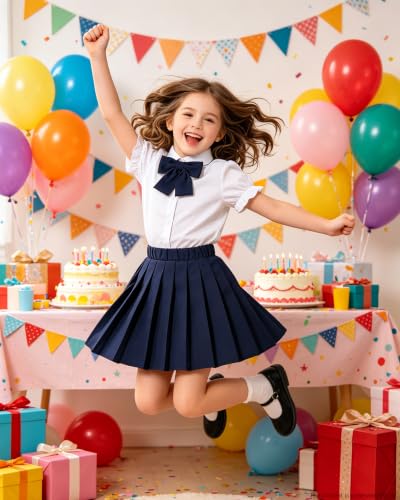 Image of Betusline Girls Skirt Set JK School Uniform 2-Piece Outfit - Short Sleeve Shirt with Bow & Pleated Skirt 4T-14Y