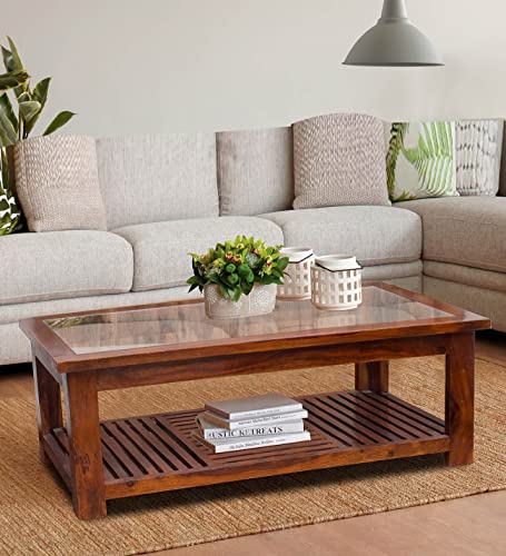 Image of Solid Sheesham Wood Modern Rectangular Coffee Table with Glass Top for Living Room with Bottom Storage Shelf /Glass Center Table for Sofa (Wooden)