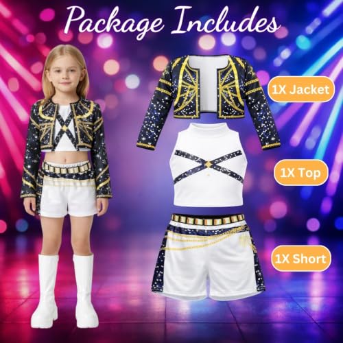 Image of Wanna Party Korean Pop Inspired Black & White Kids Costume, Size S, 3 Pcs Shimmery Stage Outfit with Jacket, Top & Shorts for Birthday Party, Dance Performance, Fancy Dress & Theme Event
