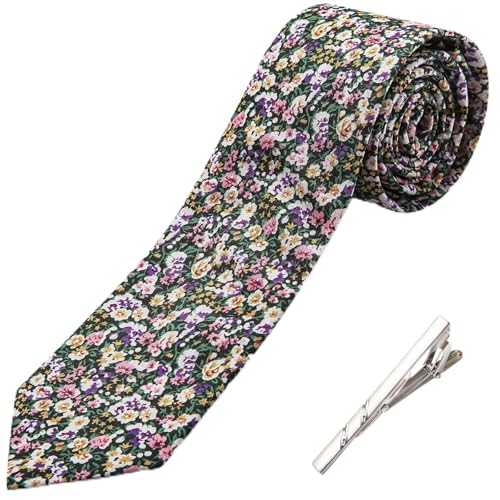 Image of Barry.Wang 100% Cotton Floral Ties for Men 63 inch Extra Long Necktie Clip | Fashion Cotton Printed Neckties,Wildflower 2.76 inch Ties Skinny,Gift Box,Groomsmen Wedding‌ Engagement Graduation