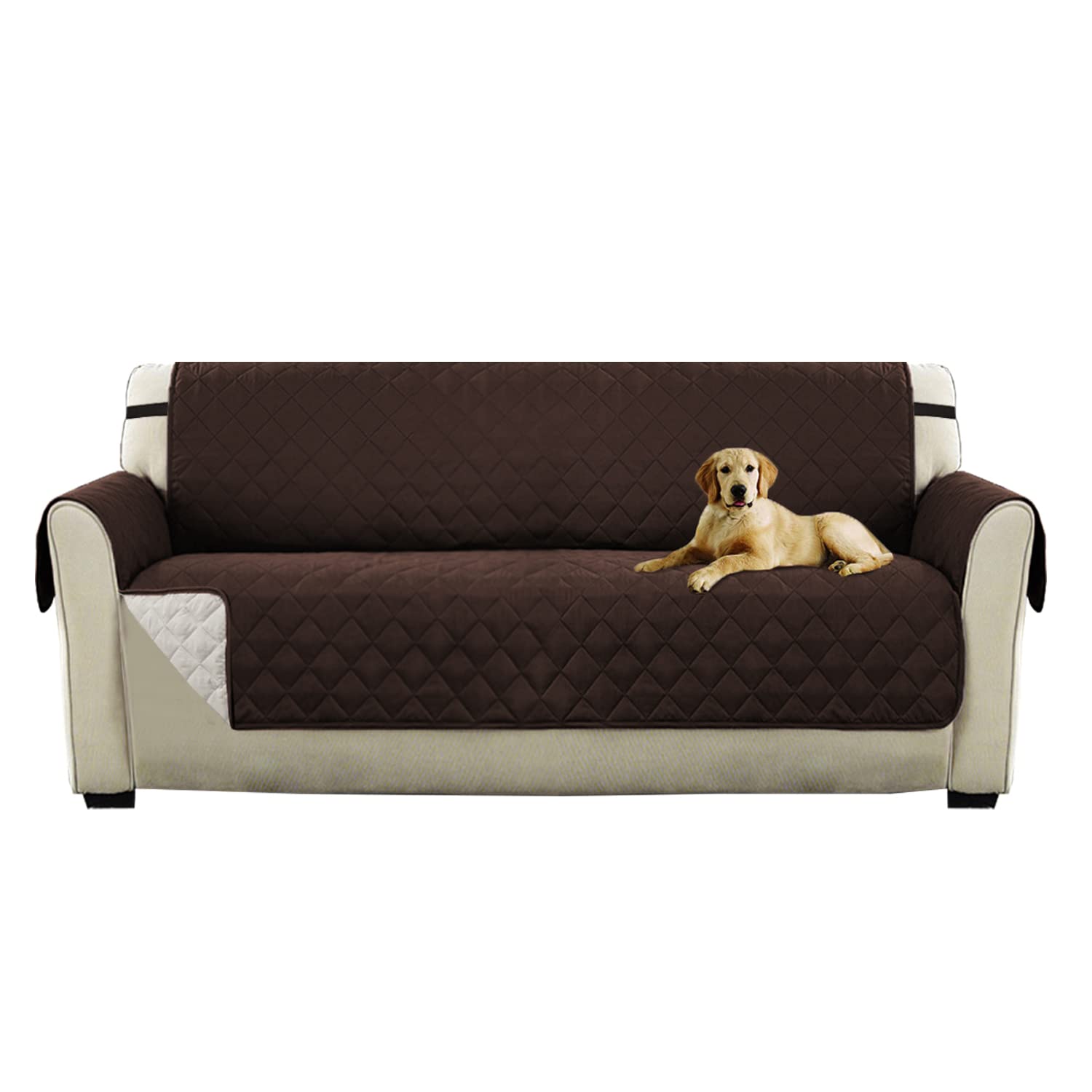 Turquoize Sofa Slipcover 4 Seater,Reversible Sofa Cover,Water Resistant Couch Cover with Non Slip Elastic Straps Protector for Pets Kids (Oversized Sofa,Brown/Beige)