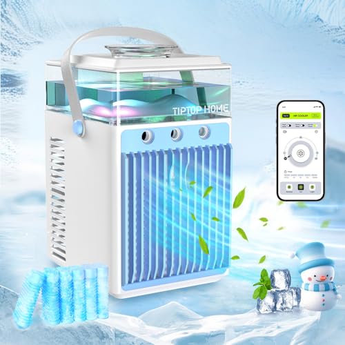 Aire Acondicionado Portatil, Mini Aire Acondicionado Portatil Silencioso, 5 en 1 Climatizador Evaporativo, Enfriador de Aire, 3 Velocidades, 3 Modos de Pulverización, LED de 7 Colores