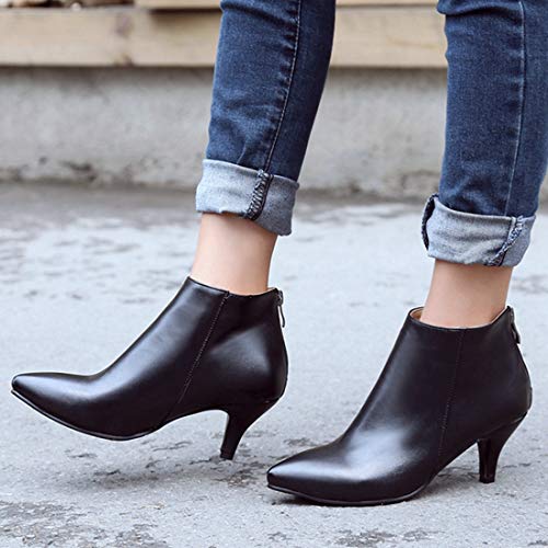 VOKLIN Women's Fashion Pointy Toe Dress Ankle Booties Leather Zipper Comfy Stiletto Kitten Heel Short Boots4