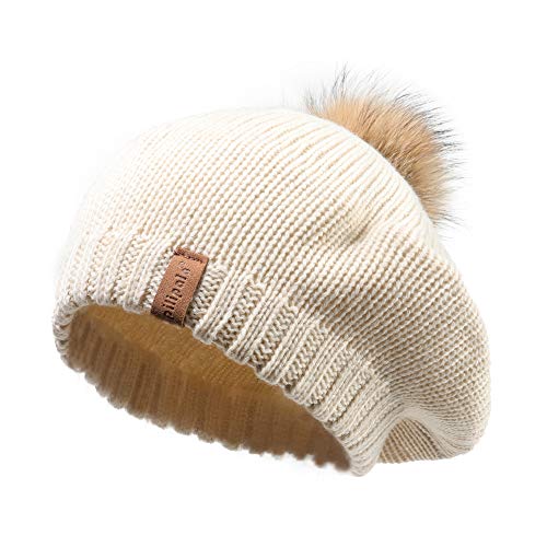 Pilipala Women's Knit Beret Hat with Fur Pom French Beret Bennie Fashion Skull Cap Winter(Beige-R)