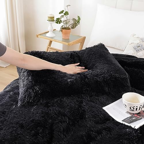 Smoofy Fluffy Twin Comforter Set, Faux Fur Comforter Set, Luxury Fuzzy Twin Bedding Set, Soft Shaggy Bed Set for All Season, 2 Pieces - 1 Comforter & 1 Pillowcase, Black