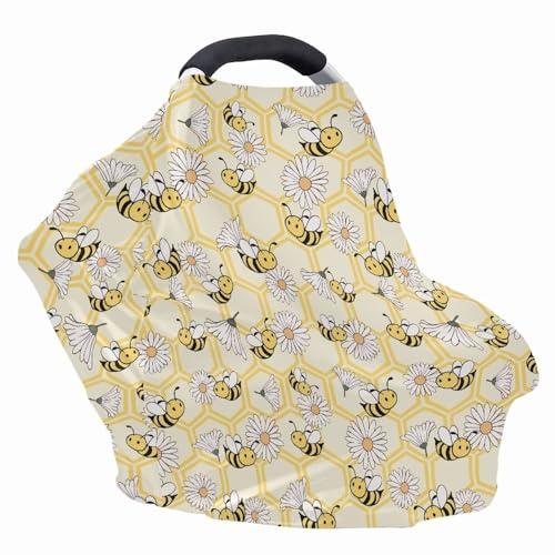 Image of Wanyint Baby Car Seat Covers Carseat Canopy for Boys Girls, Multi-Use Nursing Breastfeeding Covers Mothers Nursing Scarf Halloween Decoration, Bee Honeycomb Daisy Yellow
