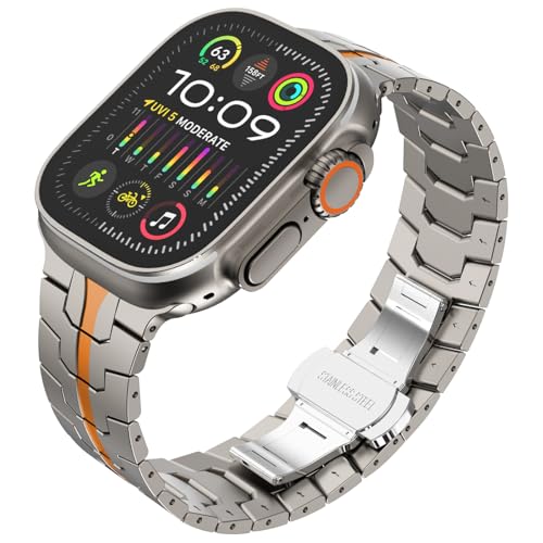 KADES Metal Band Compatible with Apple Watch Band 49mm 45mm 44mm 42mm iWatch Ultra2 Series 9 8 7 SE 2022 6 5 4 3 2 1, Stainless Steel Link Bracelet,(49mm/45mm/44mm/42mm,Titanium with Orange)