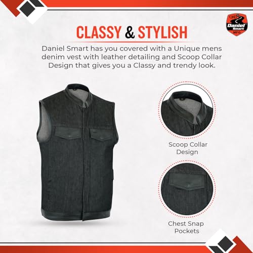 Daniel Smart Biker Vest for Men Denim Leather Detailing Motorcycle Vest with Scoop Collar Design & Concealment Carry Pocket3