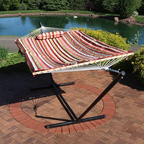 Sunnydaze Rope Hammock With Stand Combo - 275-Pound Capacity - Includes 12-Foot Hammock Stand, Spreader Bar, Pad, And Pillow - Tropical Orange #TOP1