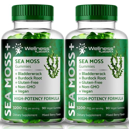 WELLNESS LABSRX Sea Moss Gummies, 3200mg Irish Sea Moss Mixed Berry Flavor with Maximum Potency Bladderwrack and Burdock Root - Supports Skin, Energy and Immunity - 180 Count