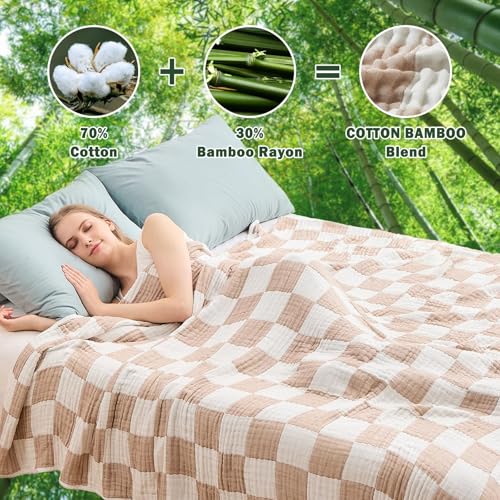 Image of EMME Muslin Blanket Adults Checkered Cotton Light Tan Queen 80 inchx90 inch