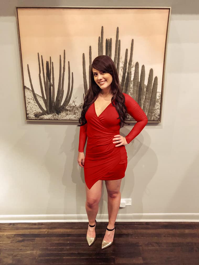 ZileZile Women's Sexy Bodycon Long Sleeve Ruched Deep V Neck Wrap Club Mini Dress