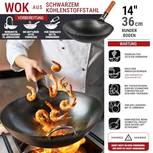 YOSUKATA Karbonstahl Woks & Wokpfannen - 36 cm Voreingebrannter Wok Pfanne Carbonstahl Runder Boden - Traditionell Wok Für Gasherd - Kompatibel mit Gas, Grill, Feuer, Gasgrill - Asiapfanne