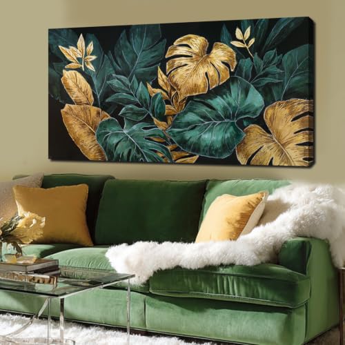 Vintage Wall Decor Green Gold Monstera Wall Art for Living Room 29x58 Inch