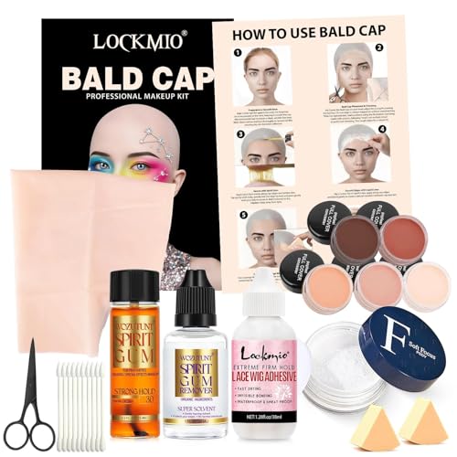 Bald Cap Halloween Makeup Kit for Men & Woman - Complete Bald Cap Set with Professional Halloween Costumes Spirit Gum Adhesive & Remover for Cosplay SFX Makeup Dress-Up Party Stage Theater & Film