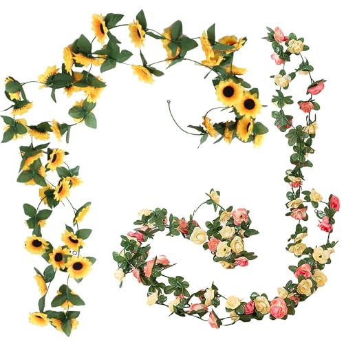 DHSBGWSX Lot de 2 guirlandes de fleurs artificielles en rotin, tournesol artificiel, vigne de pivoine artificielle, décoration de jardin de mariage