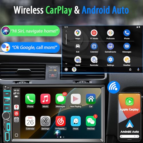 7\" Wireless Apple CarPlay & Android Auto Double Din Car Stereo - 240W High-Power Sound, Touchscreen Bluetooth Receiver with USB-C/AUX/TF Ports, RDS/FM/AM Radio & MirrorLink HD Display - StyleA - Thumbnail 2