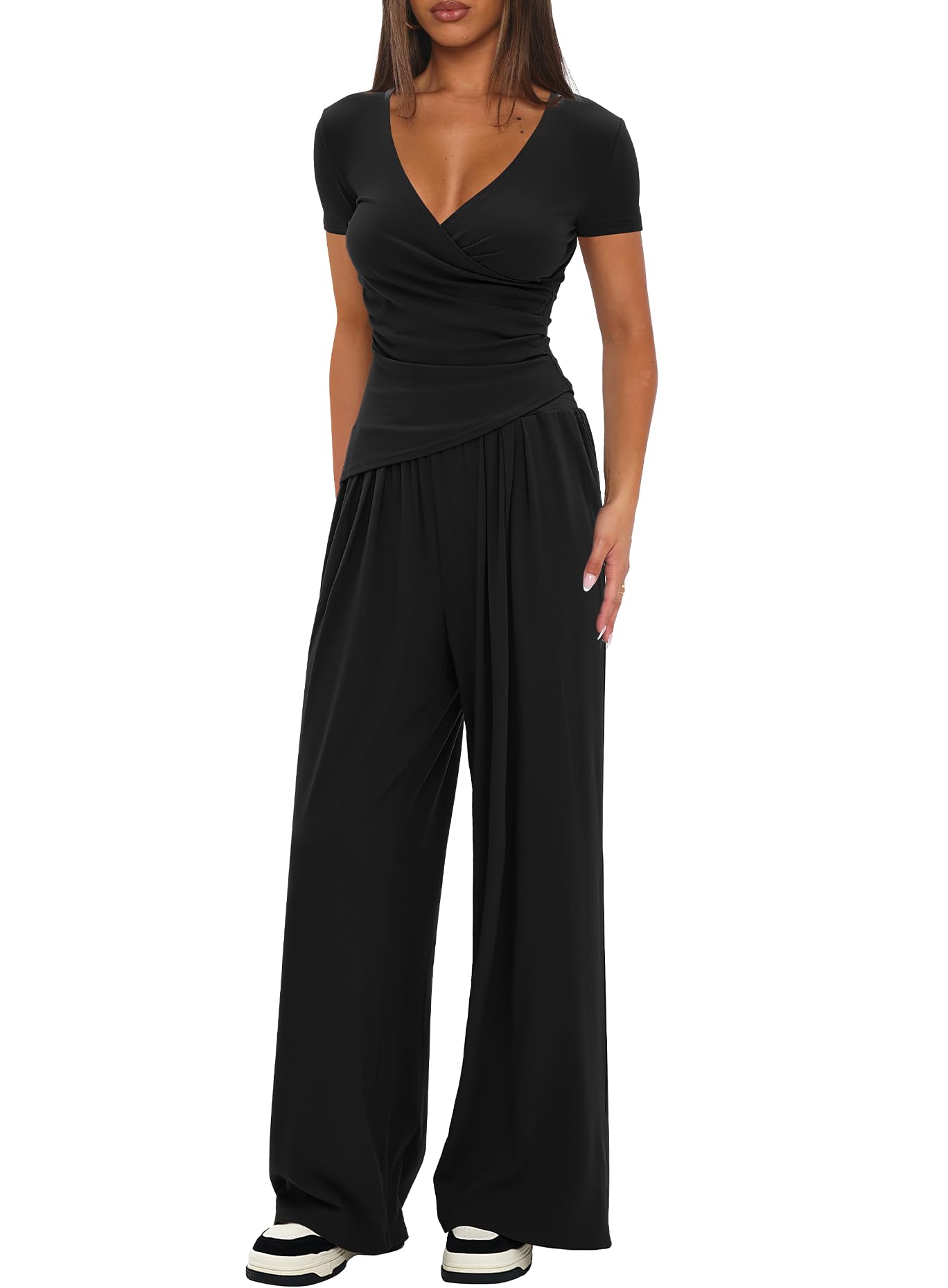 Darong Women's 2 Piece Lounge Fall Outfits Sets Warp V Neck Short/Long Sleeve Shirts and Wide Leg Pants Casual Matching Sets