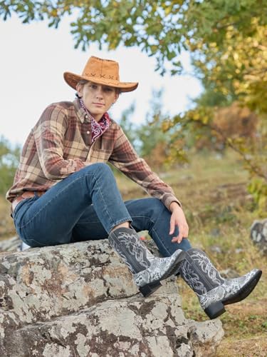 Image of Python Manning Men's Boots Cowboy for Men Classic Pointed Toe Western Pull Up Snakeskin Embroidered Mid-Calf Boots