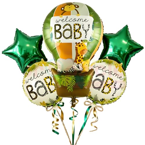 Image of Propsicle Jungle Safari Animal Theme Welcome Home Baby Hot Air Foil Balloons (Set of 5 pcs.) | Jungle Animal Theme Decorations for Baby Showers & Newborn Celebrations