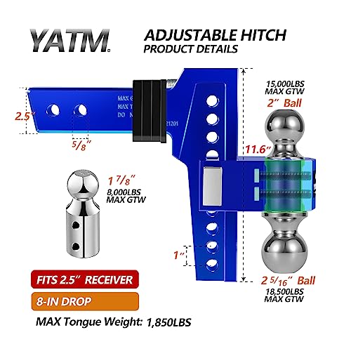 Yatm Hitch Fits 2.5 Inch Receiver,8" Drop/Rise,Aluminum Drop Hitch,Adjustable Trailer Hitch Replaceable Tri Balls (1-7/8", 2", 2-5/16") Mount,Tow Hitch,Gtw 18,500 Lbs Blue- Ultra Quiet Y-542508 #TOP3