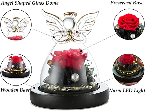 Glasseam Beauty Beast Rose Gifts, Eternal Rose in Glass Dome Guardian Angel Ornaments for Women Forever Preserved Flowers Birthday Christmas Valentines Wedding Presents for Her Mothers Mum Wife
