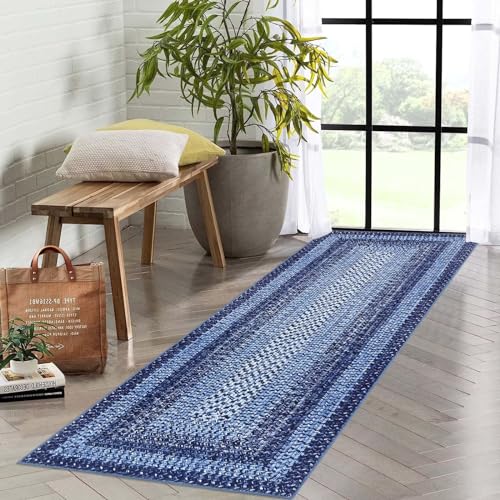 GAOMON Modern 2x8 Runner Braided Print Ultra-Thin Washable Non-Slip Navy Rug