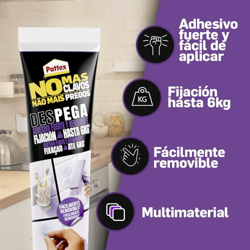 Miniatura 6 de Pattex No Más Clavos Des-Pega, Adhesivo De Montaje Fuerte Y Fácilmente, Resistente Al Agua Con Poder De Fijación De Hasta 6 Kg Y Alto Agarre Inicial, Transparente, 44 G El Embalaje Puede Variar