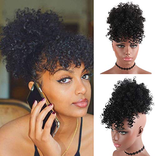 Afro High Puff Hair Bun Drawstring Ponytail With Bangs Short Kinky Curly Pineapple Pony Tail Clip in on Wrap Updo Hair Extensions for African American Women (1B# Black)
