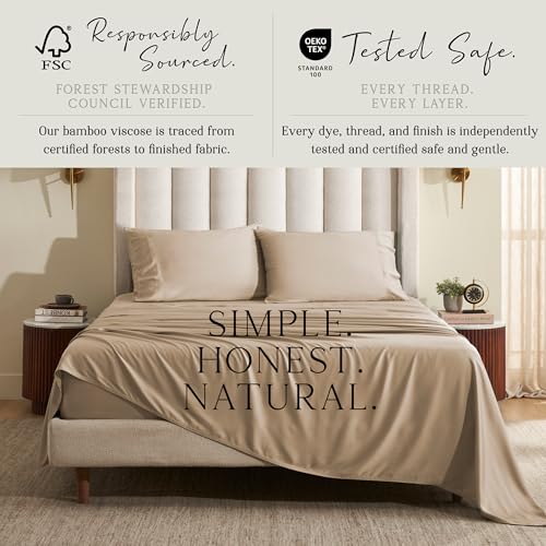 Image of KARISSA MAE Luxury Bamboo Viscose Twin Size Sheet Set | FSC Certified | Cooling | Ultra Soft | 18 inch Deep Pockets | Elastic Corner Straps | Includes Organizer Band [Wheat]