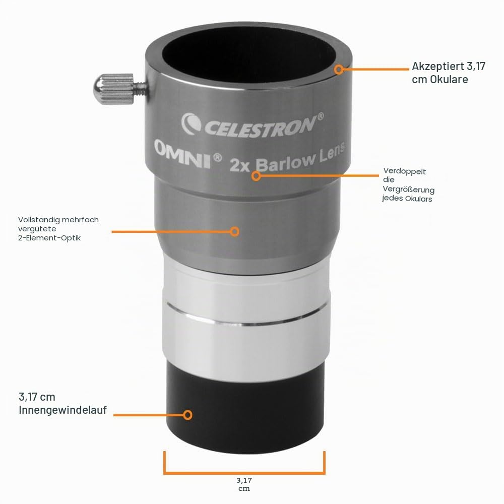 Celestron 93326 Omni Barlow-Linse, Silber, 2 x 1,25 Zoll