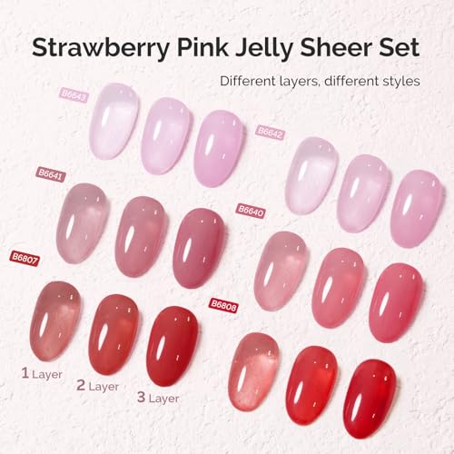 Image of MelodySusie Jelly Gel Nail Polish Set,6 Transparent Colors,Milky or Jelly Texture,Strawberry Pink Colors Soak Off UV LED Light Cure or Salon Manicure and Nail Art DIY at Home 15ML 0.3Fl Oz