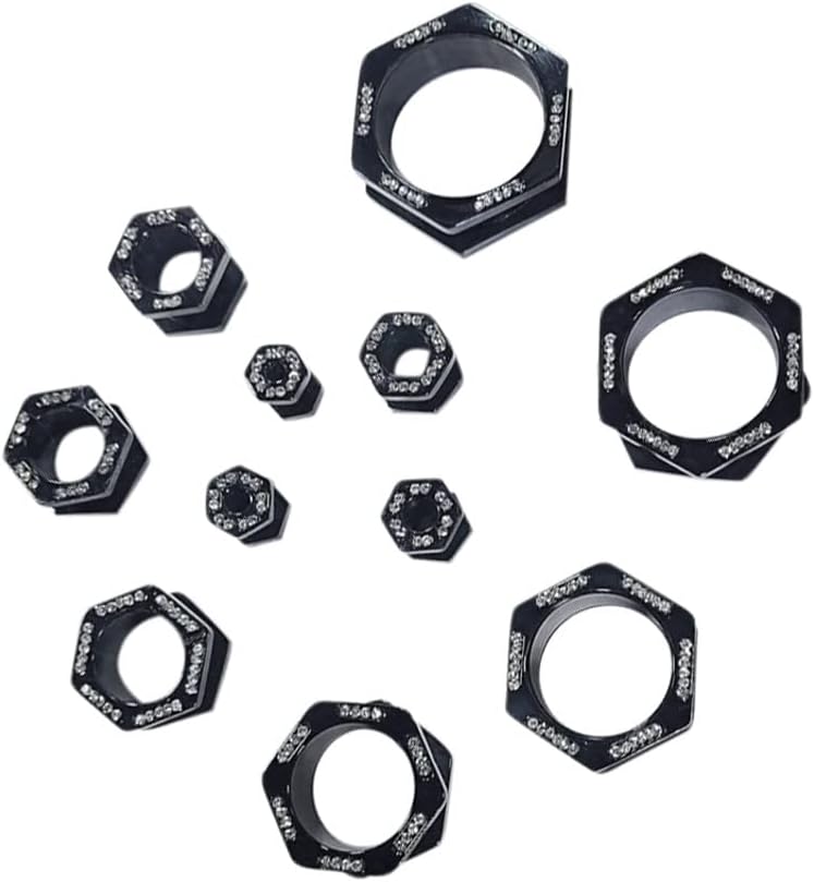 Luxe Modz Pair of Black Ion Plated Surgical Steel Screw Fit Tunnel Hexagon Tunnels Piercing Jewelry Set for Women Men with Clear CZ Jewels Ear Plugs Gauges