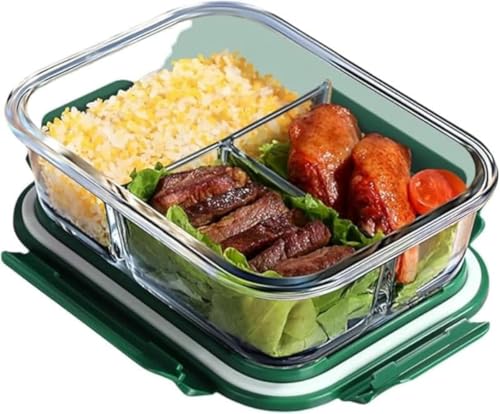 HeartTrend ガラスランチボックス 電子レンジ対応 耐熱・断熱・耐冷機能付き 仕切り付きボウル付き 透明シールで漏れ防止 オフィスワーカー、学生、高校生に最適 ランチバッグや食器も入る大容量 (グリーン)