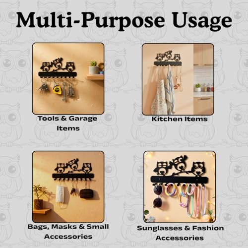 Image of 3 Owl Metal Key Holder - 25cm x 13cm, 9 Hooks, Decorative Key Rack & Organizer, Sturdy Wall Mounted Hanger for Keys, Accessories, Home Decor for Entryway, Hallway, Kitchen, Gift