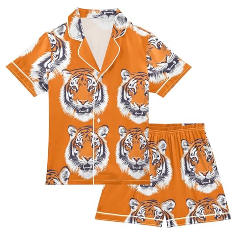 Satin Pajama Sets Short Sleeve Tiger Faces on Orange Button Down Silky Nightwear 2 Piece PJS 5-14Y
