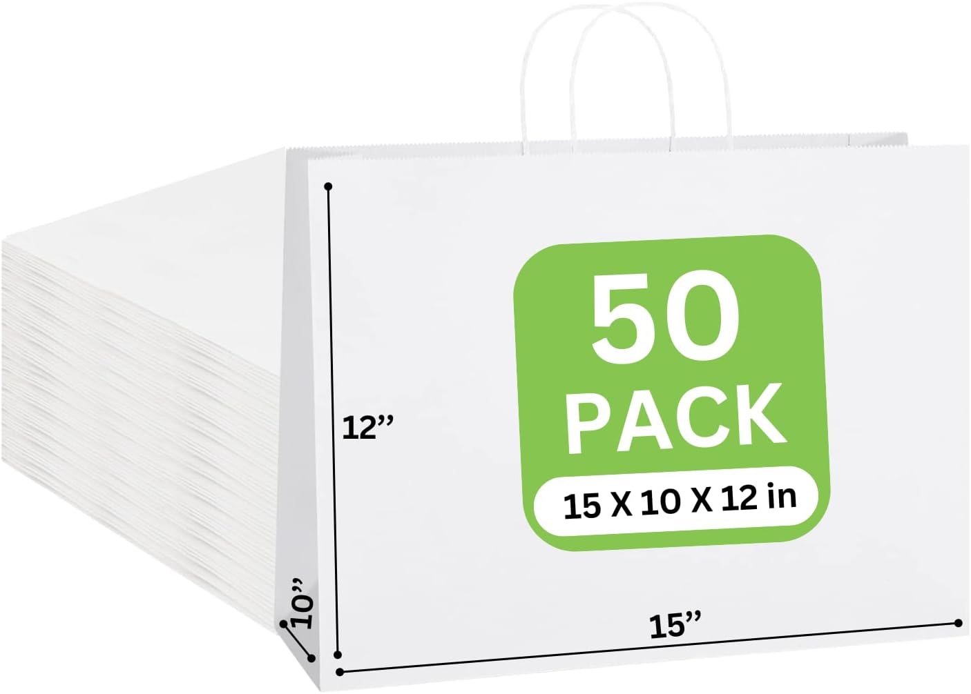 JET PAPER BAGS - 15x10x12 (50 Pcs) Large White Paper Bags with Handles Prime for Takeout, Grocery, Goody, Retail, Party, Gifts, Weddings - Recyclable Kraft Paper Gift Bags with Handles