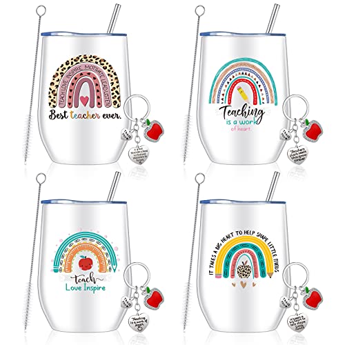Gerrii 4 Sets Teacher Appreciation Gifts 12 Oz Wine Tumblers Stainless Steel Tumbler With Lids Straws Brushes Insulated Coffee Mug And Thank You Teacher Keychain Teacher Gifts For Birthday Graduation #TOP17