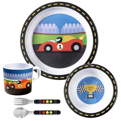 Image of Bentology 5 Pc Mealtime Set for Kids -Racecar Theme-Includes Raised Edge Plate & Bowl, Cup, Metal Fork & Spoon-Dishwasher Safe, BPA Free- Cute Dish, Easy Self-Feeding- Easter Basket Gift for Toddlers
