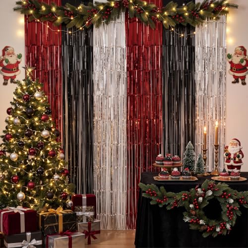 Image of TONIFUL 2Pcs Burgundy Black Silver Metallic Tinsel Foil Fringe Curtains | 3.3ftx6.6ft Photo Booth Backdrop Door Streamers for Wedding Anniversary Fall Harvest Masquerade Bachelorette Party Decoration