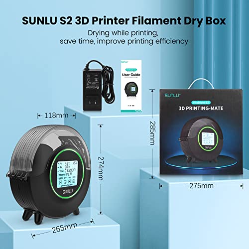 SUNLU Oficjalna Suszarka do Włókien Drukarki 3D S2, Odwadniacz do Przechowywania Włókien do Drukowania 3D, Wbudowany Wentylator, Suszarka S2 do PLA Nylon PA ABS PETG 1,75 2,85 3,00 mm, Czarny