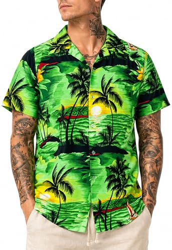 King Kameha Funky Camisa Hawaiana, Manga Corta, Surf Style, Verde, M