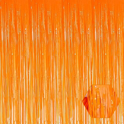 Image of 6 Pack Macaron Orange Foil Fringe Curtain Backdrop, 3.28Ft x 8.2Ft Metallic Tinsel Foil Fringe Streamer Curtains for Photo Booth, Christmas Day, Thanksgiving, Wedding, New Year Party Decorations