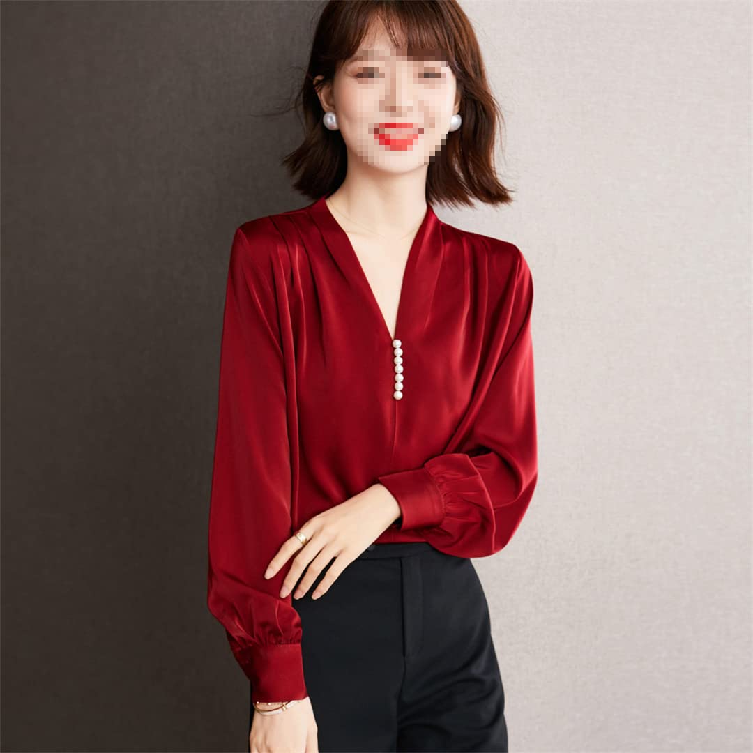 Chemise à Manches Longues à col en V pour Femmes Printemps Casual Blouse de Travail de Bureau en Vrac Chemises en Mousseline de Soie plissée perlée