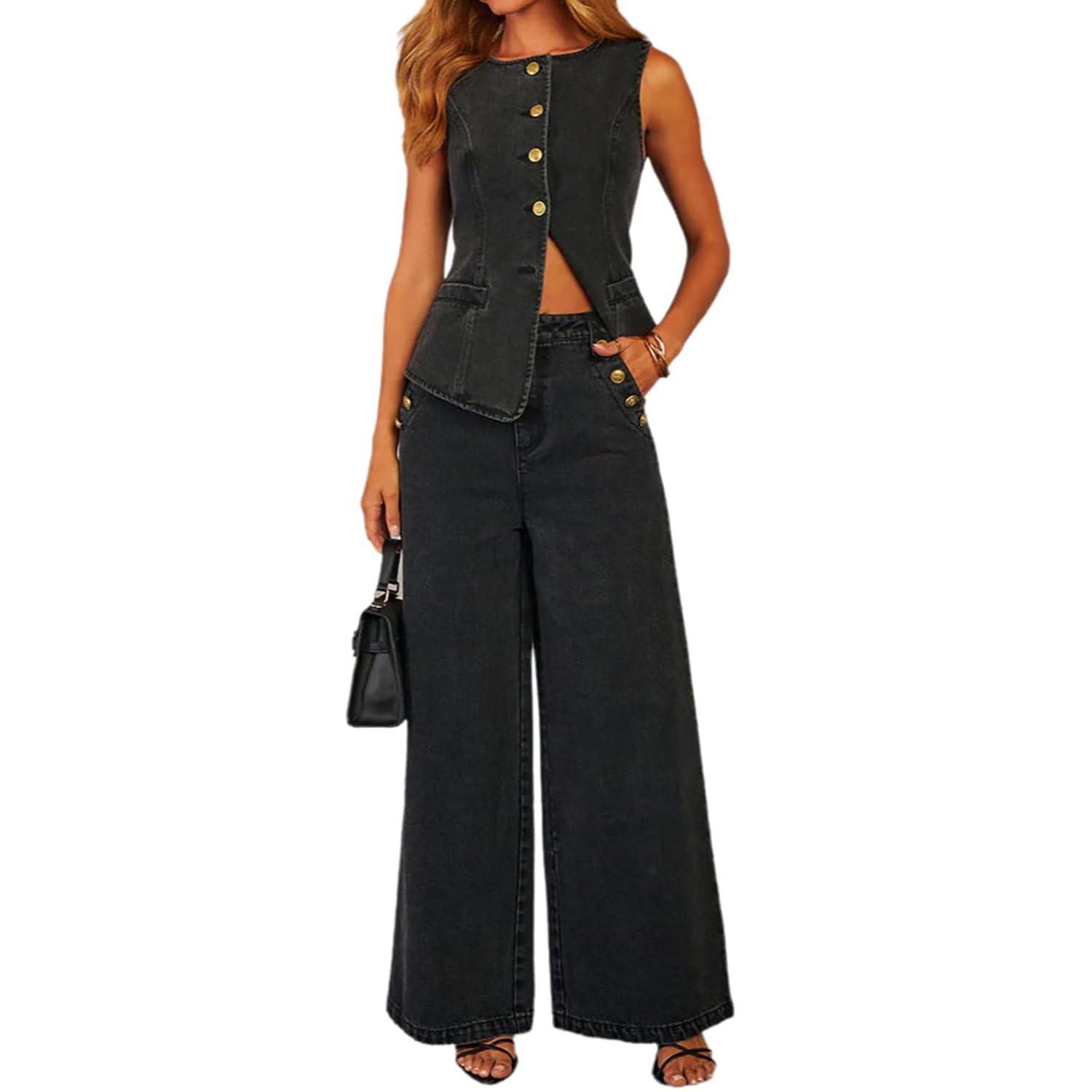 Womens Denim 2 Piece Set Sleeveless Button Down Jean Blazer Vest Tops and Wide Leg Jeans Two Piece