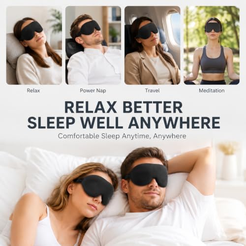 Image of 3D Black Eye Mask for Sleeping Men & Women | Memory Foam Sleep Mask with Adjustable Strap | 100% Blackout Eye Cover Blindfold for Side Sleepers | Soft Travel Sleeping Mask for Flight, Yoga, Office, Nap - Black